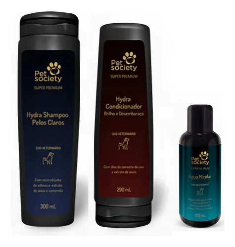 Kit 1 Shampoo Pelos claros + Condicionador + Água Micelar Pet Society