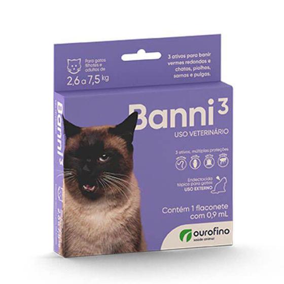 Banni 3 Gatos Verme Pulga Sarna Piolho 2,6kg a 7,5kg 0,9ml