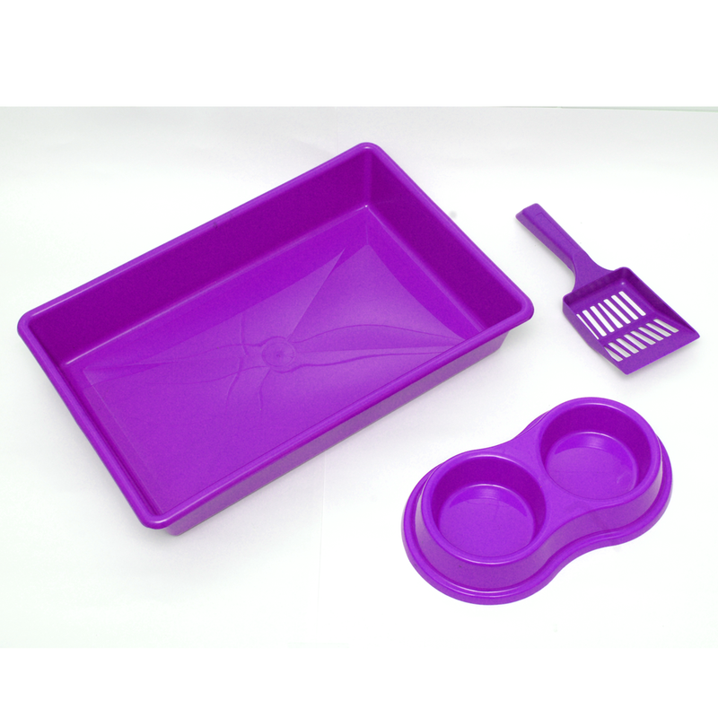 Kit Higiênico Gato Bandeja + Pá + Comedouro Duplo Roxo