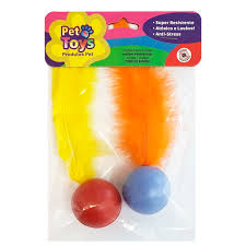 Bolinha Com Pena e Guizo Para Gatos - 4cm Pet Toys Cores Variadas
