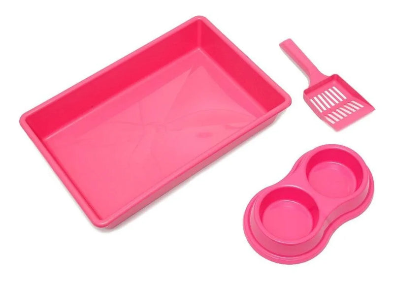 Kit Higiênico Gato Bandeja + Pá + Comedouro Duplo Rosa
