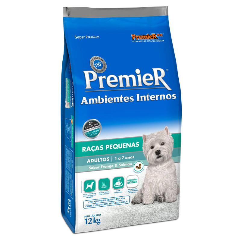 Ração Premier Ambientes Internos Adultos Raças Pequenas Frango e Salmão 12kg