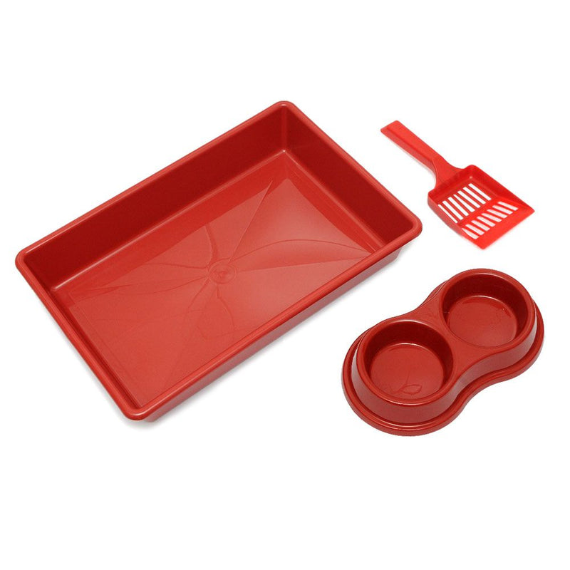 Kit Higiênico Gato Bandeja + Pá + Comedouro Duplo Vermelho