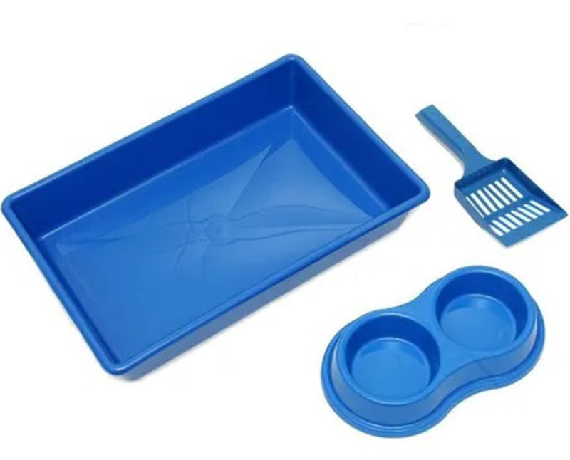 Kit Higiênico Gato Bandeja + Pá + Comedouro Duplo Azul