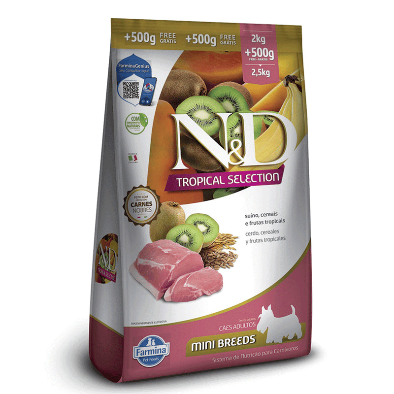 Ração N&D Tropical Selection Cães Adultos Mini Suíno e Cereais 2 kg + 500g Grátis