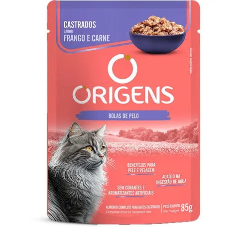 Ração Úmida Origens  Bola de Pelo Gatos Castrados Frango e Carne 85 g