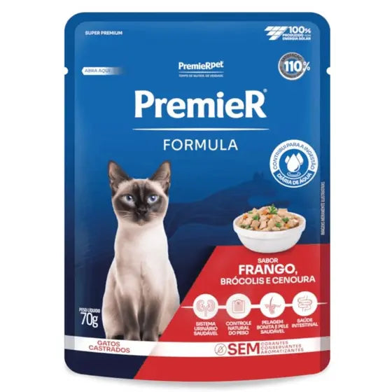 Ração Úmida Sachê PremieR® Formula Gatos Adultos Castrados 70gr Frango, Brócolis e Cenoura